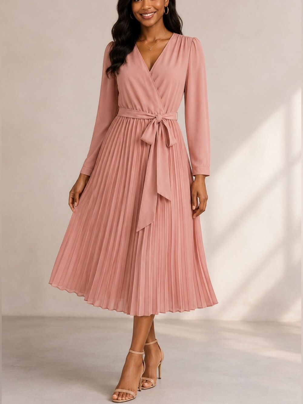 PrettyLittleThing Blush Pink Pleated Tie-Waist Long Sleeve Dress Size XL NWT